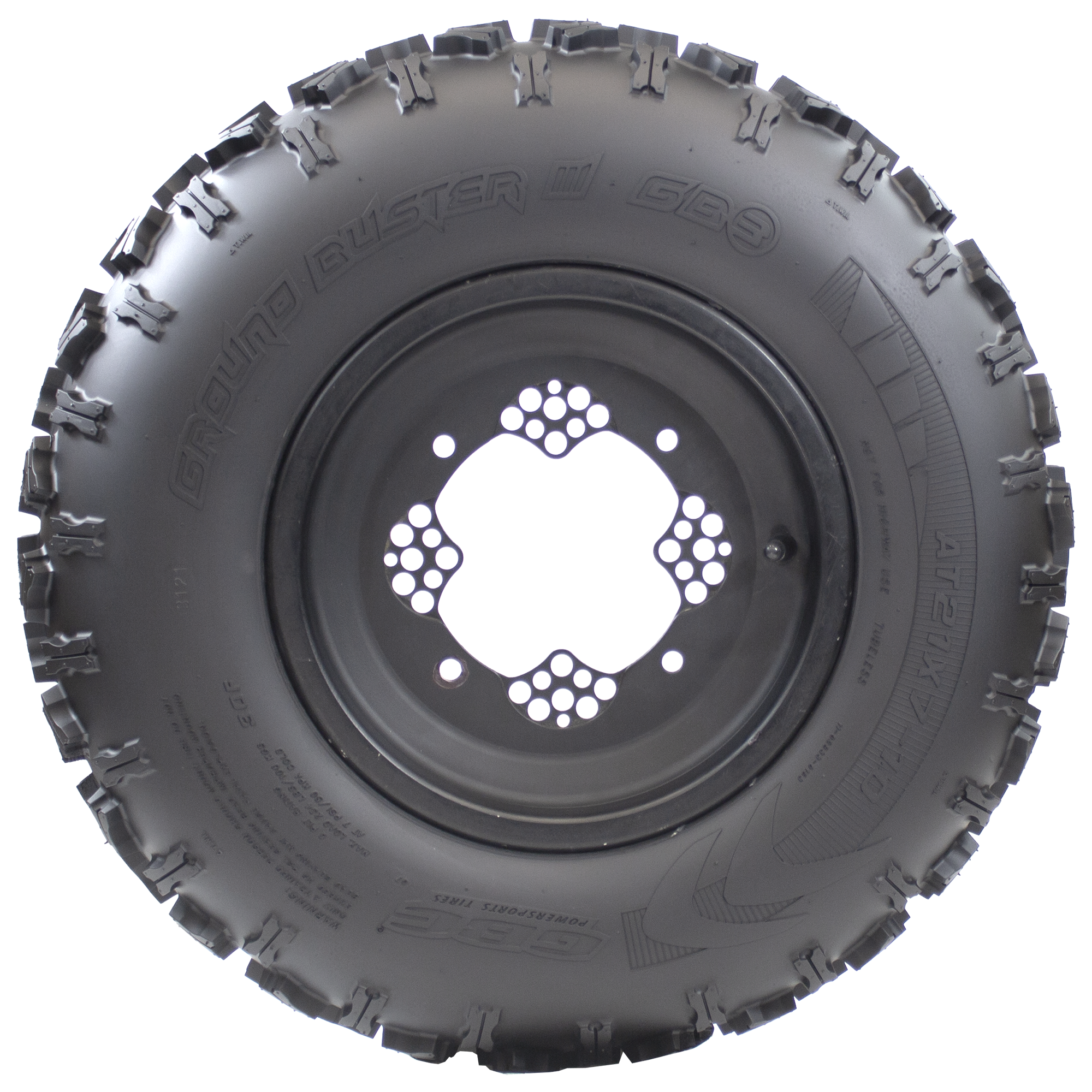Side view of Ground Buster 3 ATV Front tire, showing off its sturdy sidewall and with x-shaped shoulder lugs. 