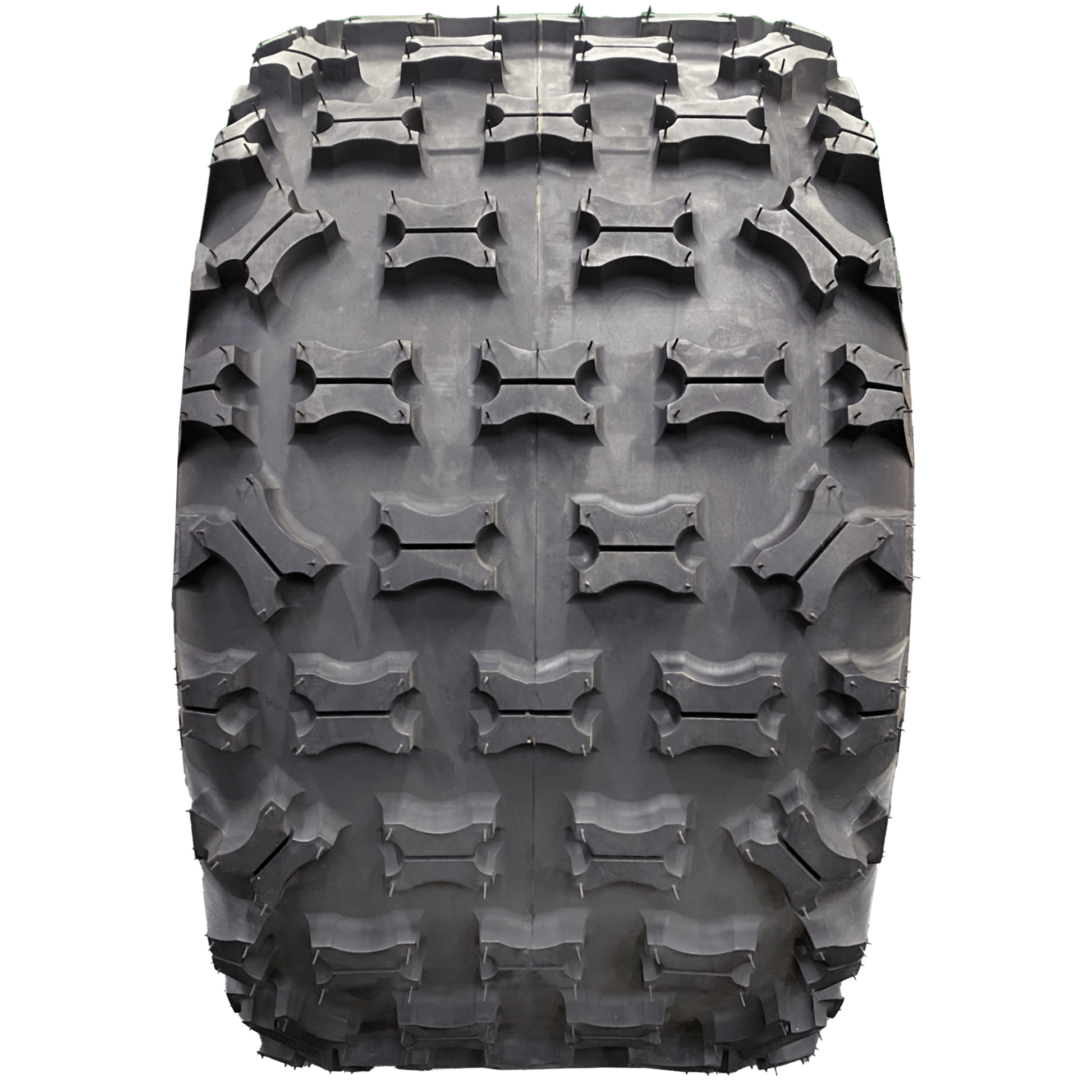 Full frontal view of Ground Buster 3 ATV tire, highlighting its non-directional, sipped X-knob tread pattern. This design promotes better flex and offers riders the edge they need in competitive racing across intermediate to hard terrains.