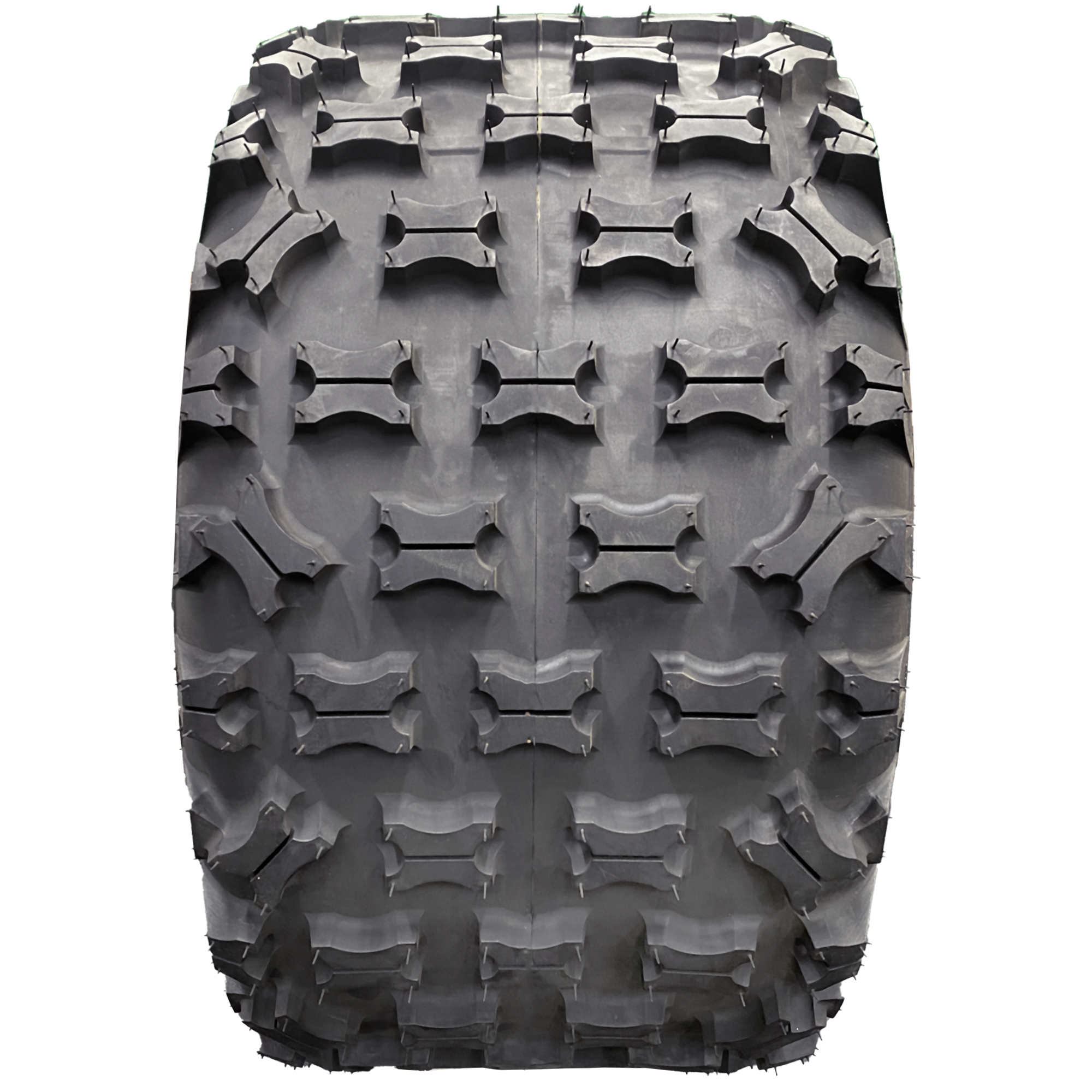 Full frontal view of Ground Buster 3 ATV tire, highlighting its non-directional, sipped X-knob tread pattern. This design promotes better flex and offers riders the edge they need in competitive racing across intermediate to hard terrains.