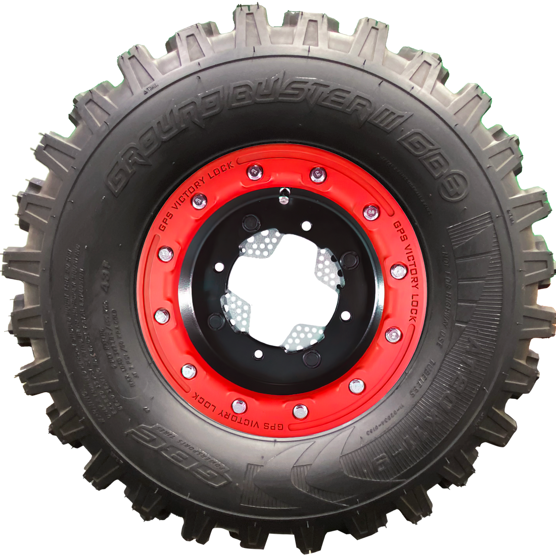 Side view of Ground Buster 3 ATV tire, showcasing its sturdy sidewall and shoulder lugs. The 6-Ply rating of the tire signifies greater puncture resistance, ensuring reliable performance during off-road adventures