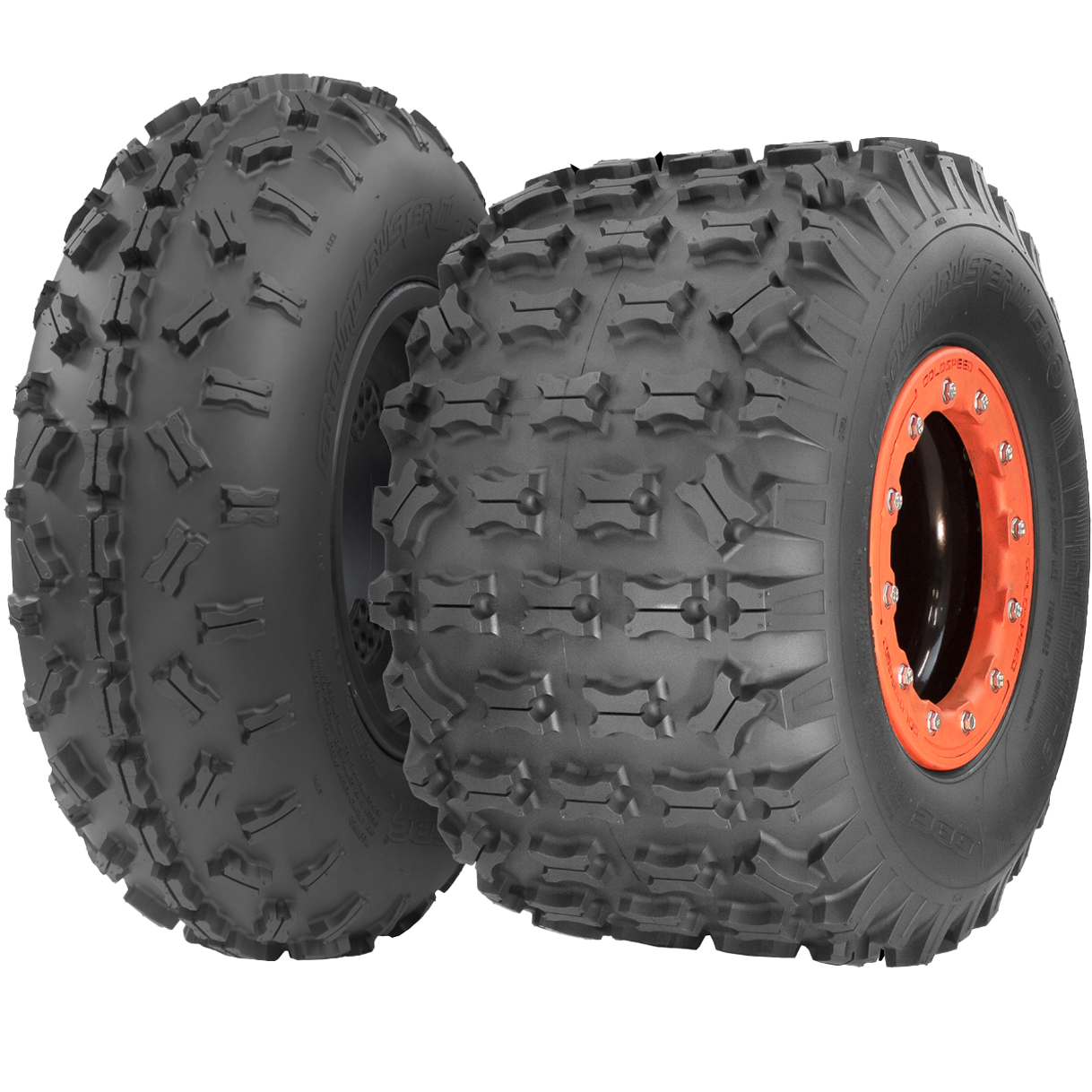 Angled view of the GB3 front and rear tires. They are places adjacent to each other, allowing the viewer to see the height differences between the two.