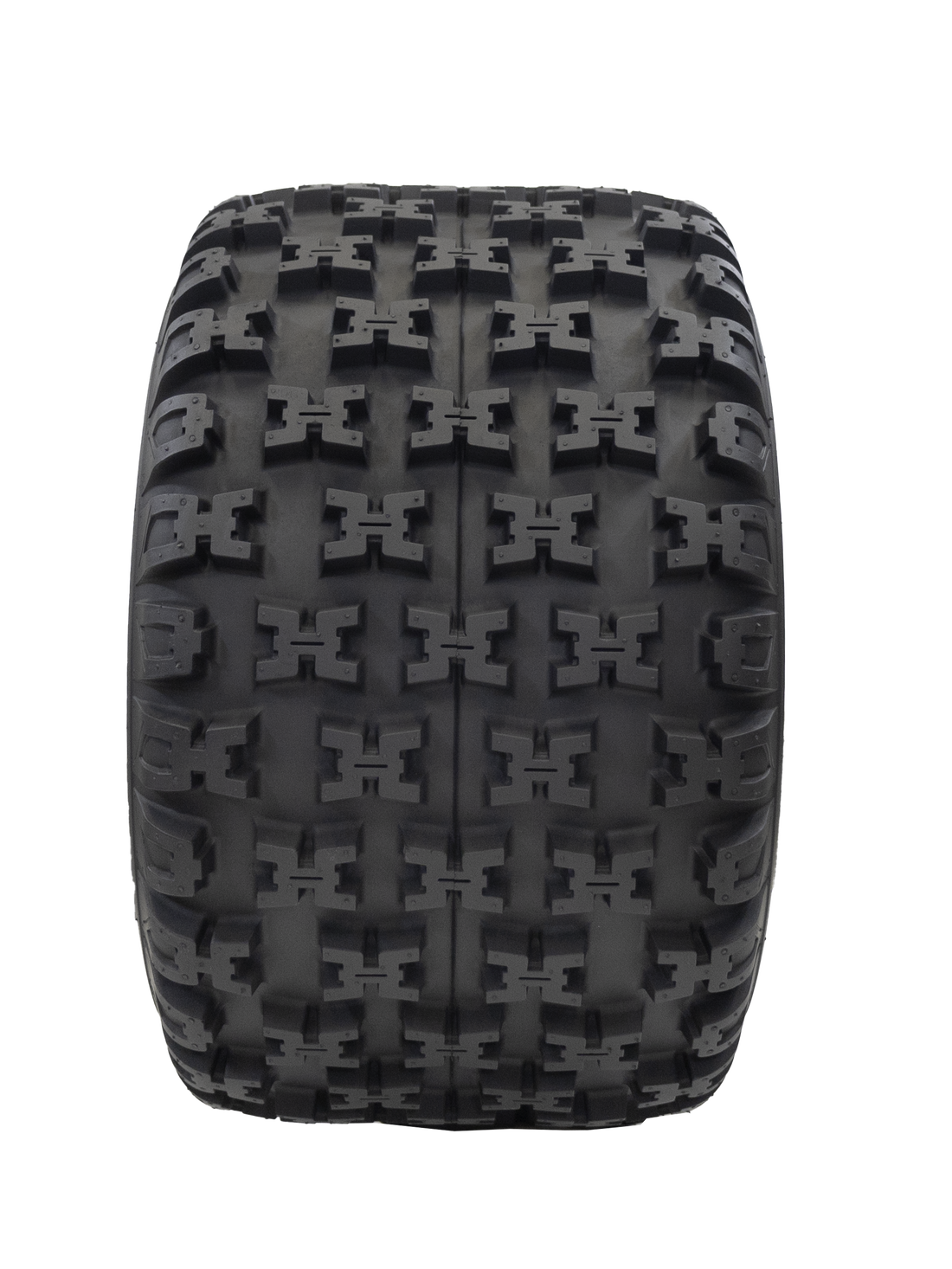Full frontal view of Mini Master ATV/UTV tire, displaying the full-coverage X-type lug tread pattern. The image accentuates the tire's flat profile, designed for optimal surface contact and improved stability during rides.