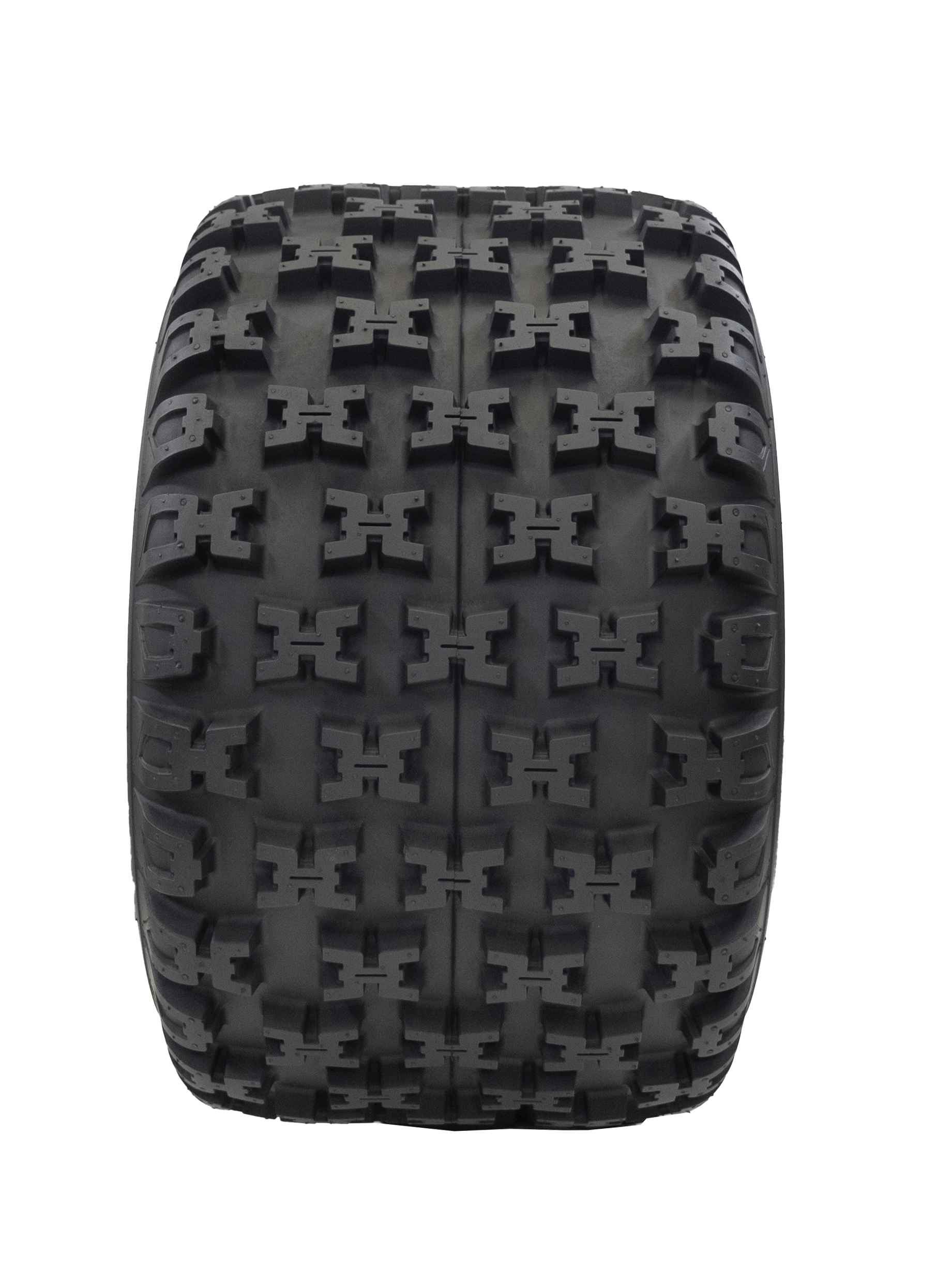 Full frontal view of Mini Master ATV/UTV tire, displaying the full-coverage X-type lug tread pattern. The image accentuates the tire's flat profile, designed for optimal surface contact and improved stability during rides.