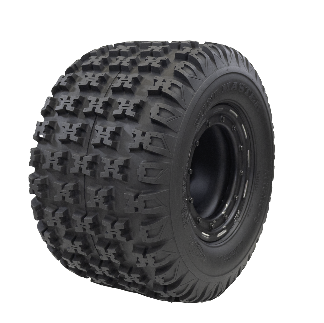 Angle view of Mini Master ATV/UTV tire, exhibiting the X-type lug tread design for superior terrain grip and traction. The image also showcases a bit of the sidewall and the sleek rim.