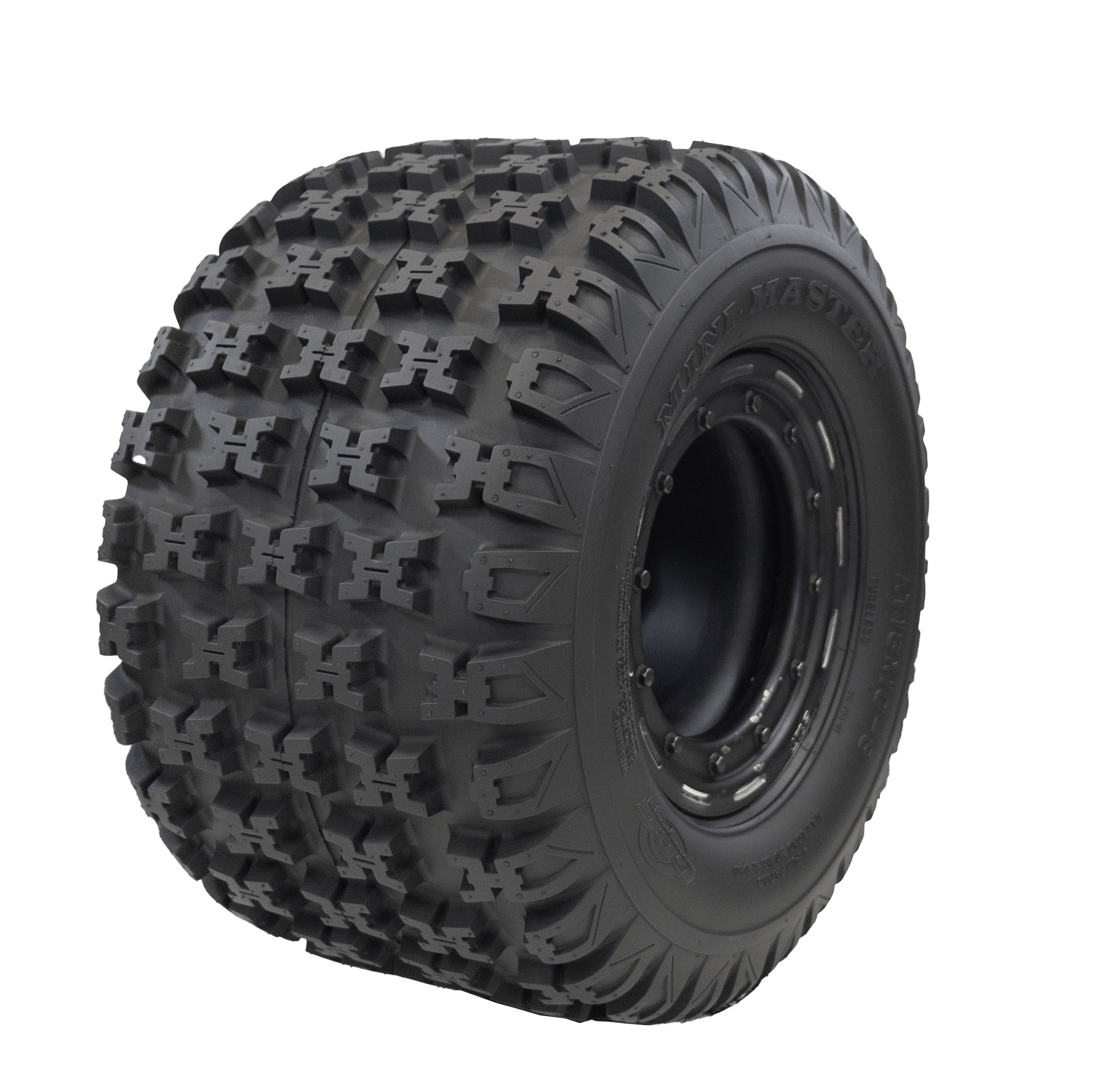 Angle view of Mini Master ATV/UTV tire, exhibiting the X-type lug tread design for superior terrain grip and traction. The image also showcases a bit of the sidewall and the sleek rim.
