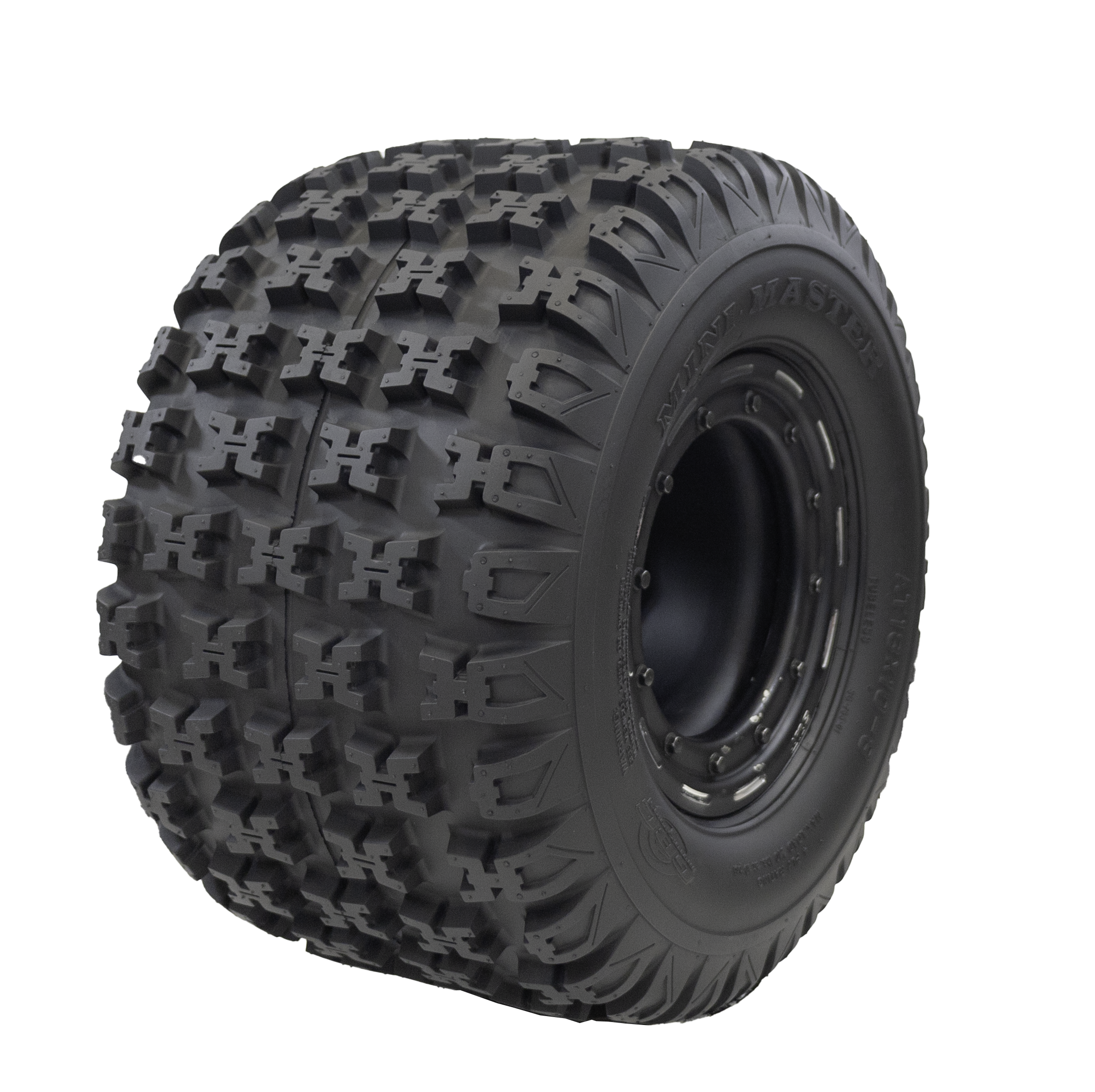 Angle view of Mini Master ATV/UTV tire, exhibiting the X-type lug tread design for superior terrain grip and traction. The image also showcases a bit of the sidewall and the sleek rim.