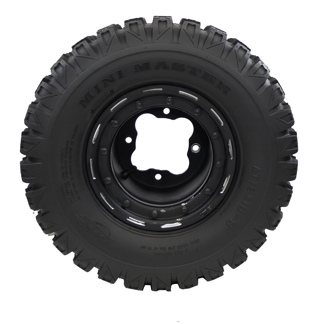 Side view of Mini Master ATV/UTV tire, crafted from a soft yet durable compound, ensuring a resilient performance and longevity in diverse off-road conditions.