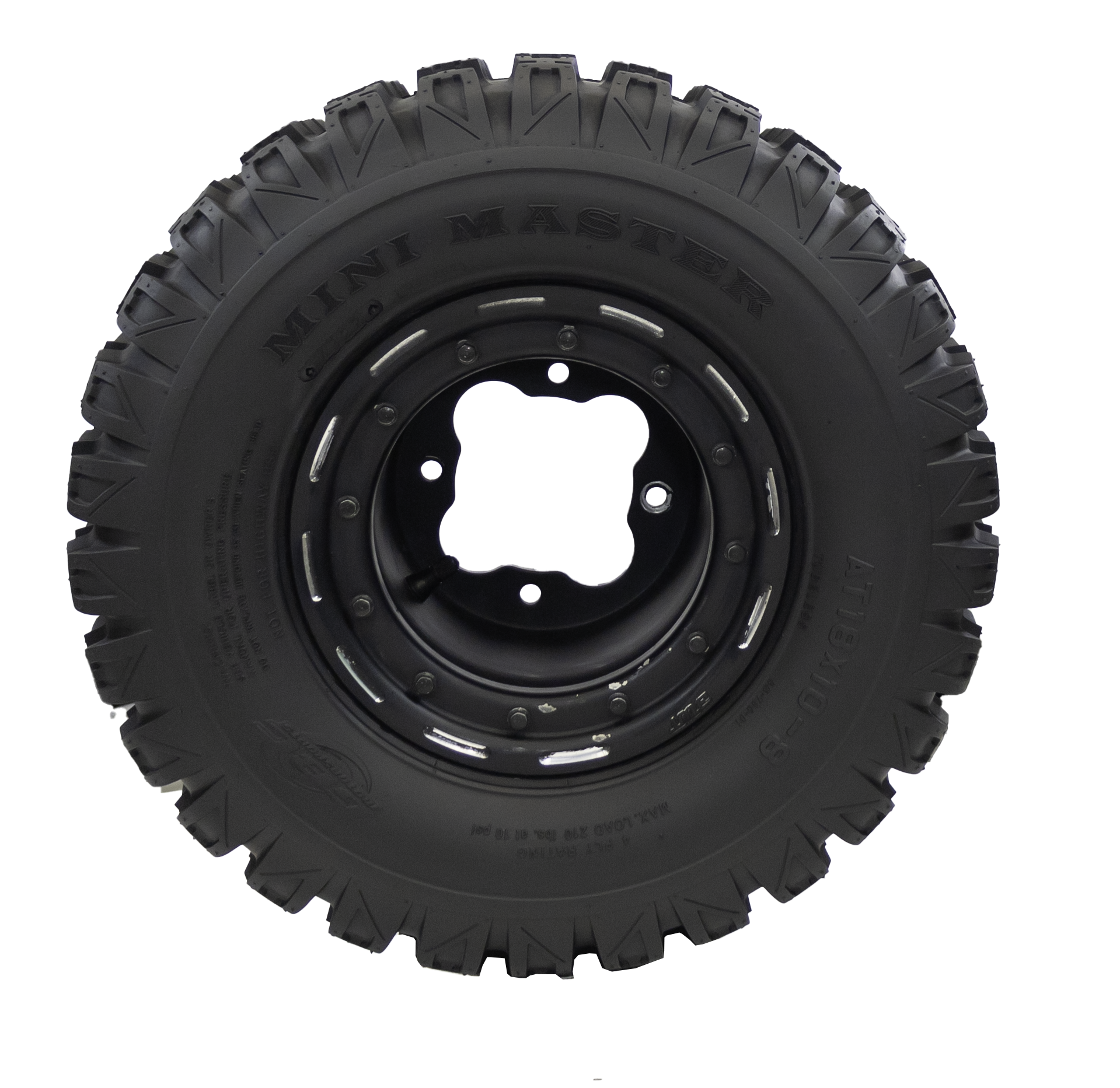 Side view of Mini Master ATV/UTV tire, crafted from a soft yet durable compound, ensuring a resilient performance and longevity in diverse off-road conditions.