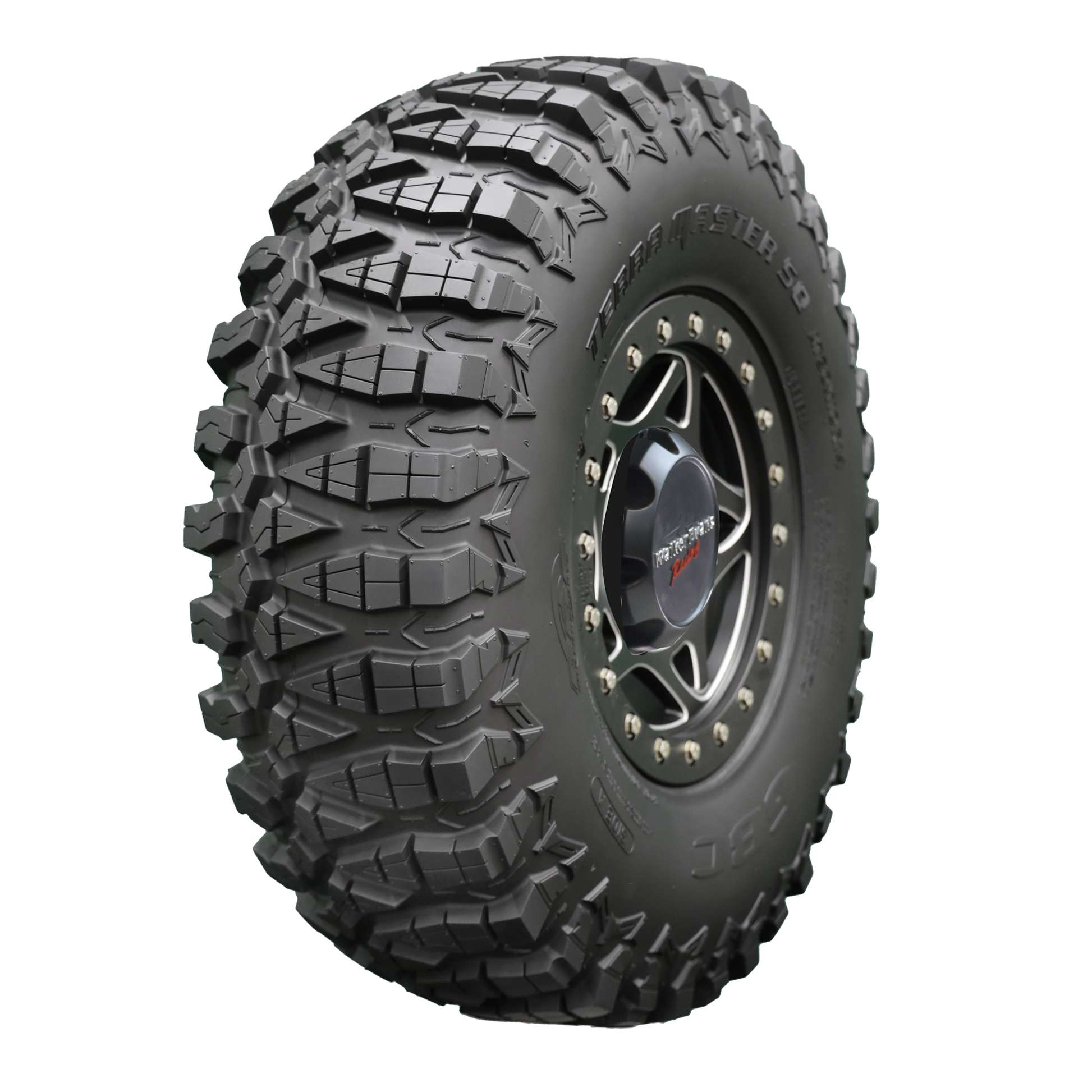 Angle view of Terra Master SQ UTV tire, showcasing the tread, a section of the sidewall, and the rim. The image emphasizes the tire's advanced square shoulder design for a bold new profile, offering a distinct look compared to the original Terra Master. Its side bite design promises greater control during cornering