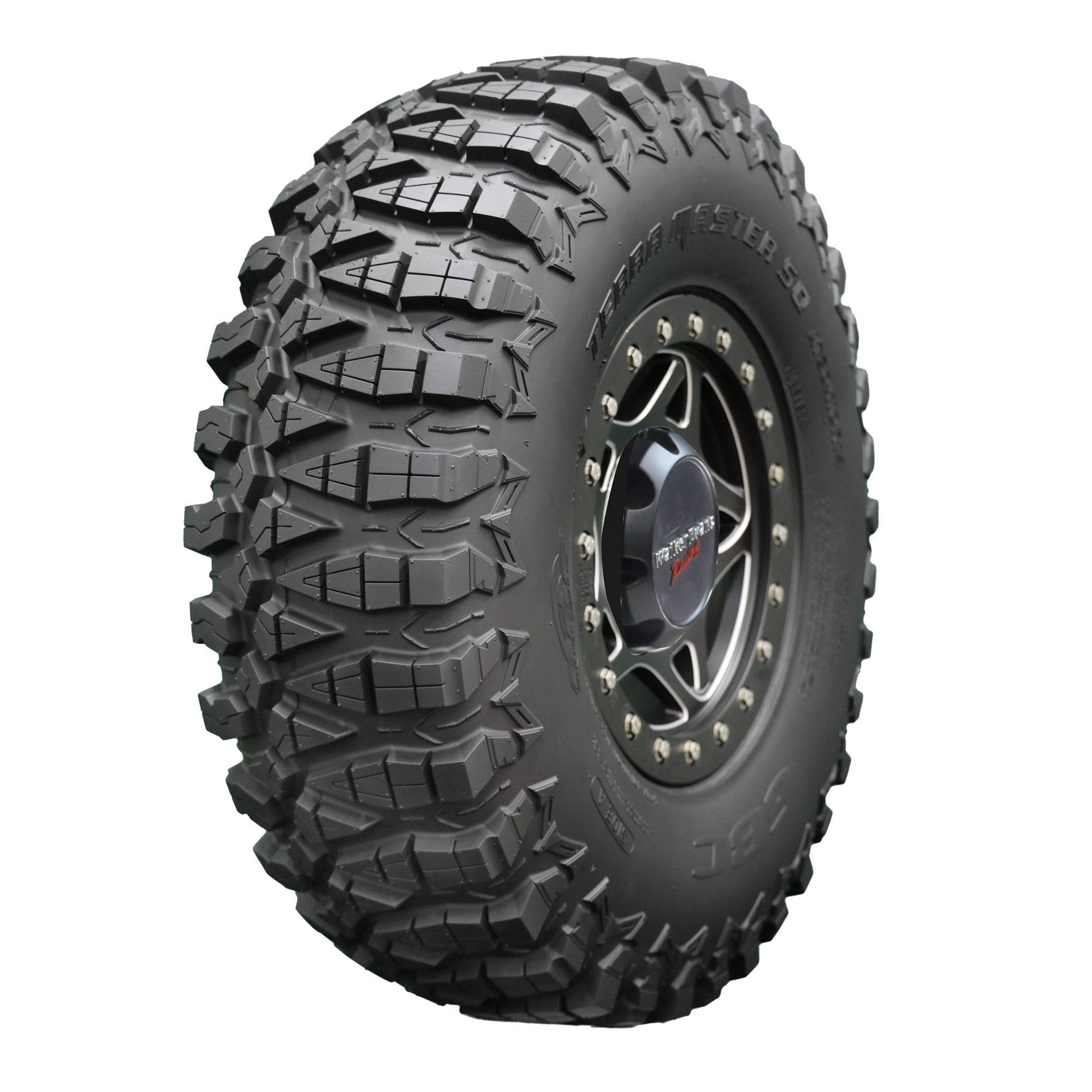 Angle view of Terra Master SQ UTV tire, showcasing the tread, a section of the sidewall, and the rim. The image emphasizes the tire's advanced square shoulder design for a bold new profile, offering a distinct look compared to the original Terra Master. Its side bite design promises greater control during cornering