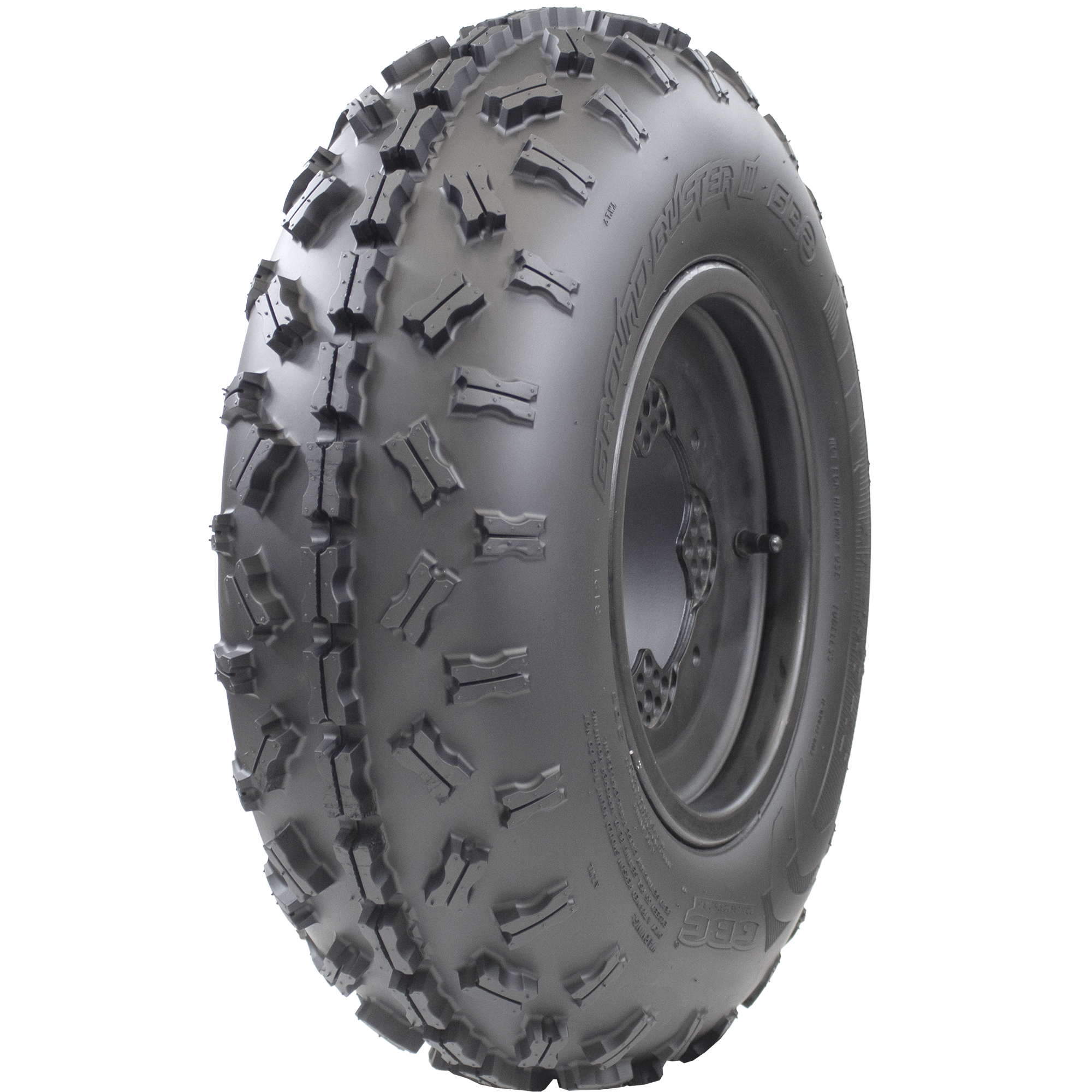 Angle view of Ground Buster III ATV Front tire, displaying the tread, a snippet of the sidewall, and the rim. The image demonstrates the tire's non-directional sipped X-knob tread pattern offering maximum flexibility
